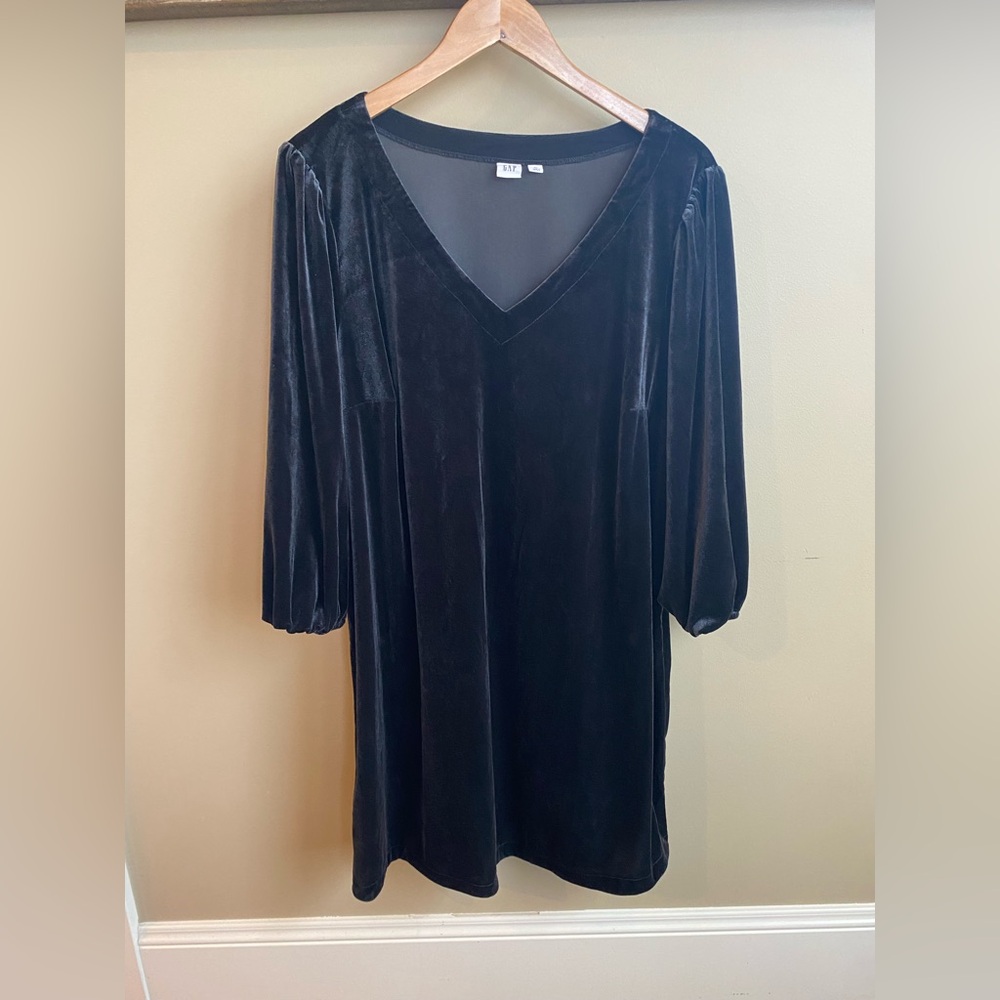 Gap Black Velvet Midi Dress Balloon Sleeve V-Neck Size XL Knee Length, Stretchy